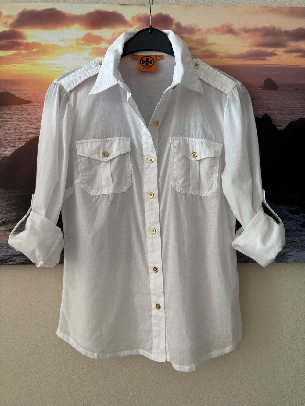 Tory Burch White Bridgette Button-Front Utility Shirt with Roll-tab Sleeves/ 2